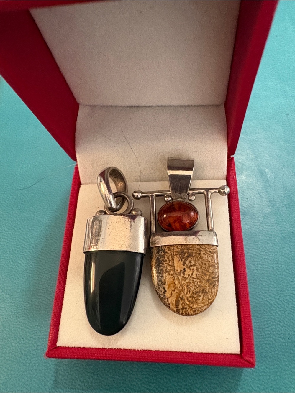 Sterling Silver Pendants Obsidian and Amber with Jasper